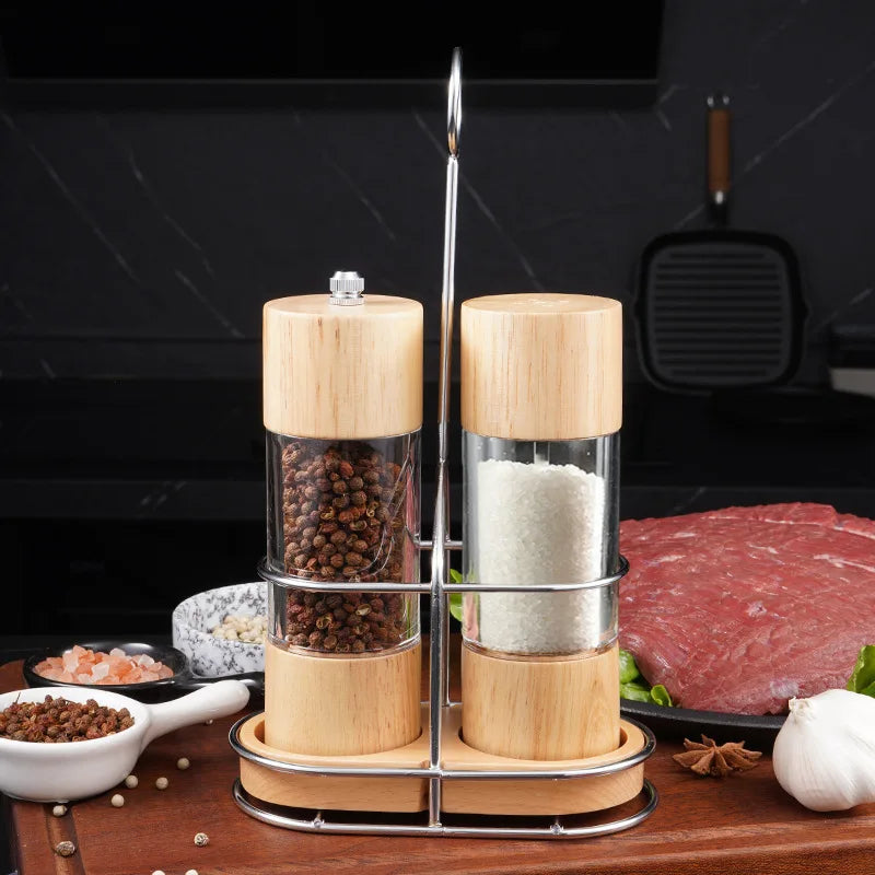 Wooden Salt and Pepper Grinder Set with Shelf Manual Mills Acrylic Visible  Window Pepper Mill 6 Inches Grinder Salt Shaker Set