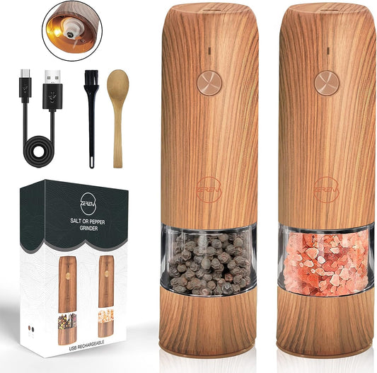 Electric Salt and Pepper Grinder Set Rechargeable - USB Type-C Cable, LED Lights, Automatic Electric Pepper Grinder Mill Refillable, Adjustable Coarseness Shakers, One Hand Operation